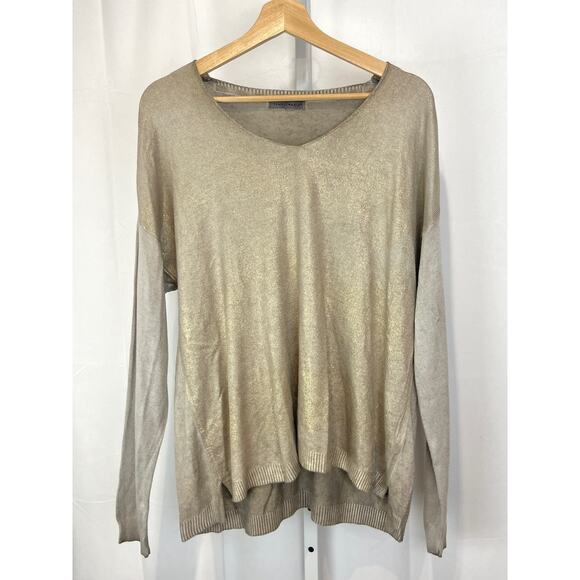 Tempo Paris Sweaters - TEMPO PARIS Italy V Neck Long Sleeve Pullover Knit Top Sweater Shimmer Beige M L